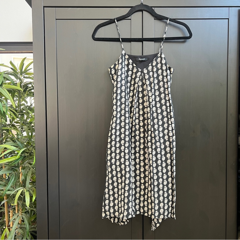 Madewell Silk Floral Tile Slip Mini Dress Handkerchief Hem Black Ivory XXS